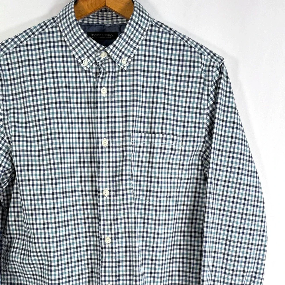 Banana Republic Button Down Shirt Blue White Gingham Grant Fit Custom 078 Wash M
